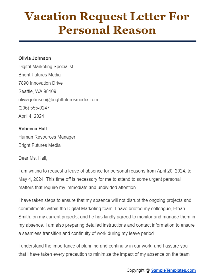 vacation request letter for personal reason