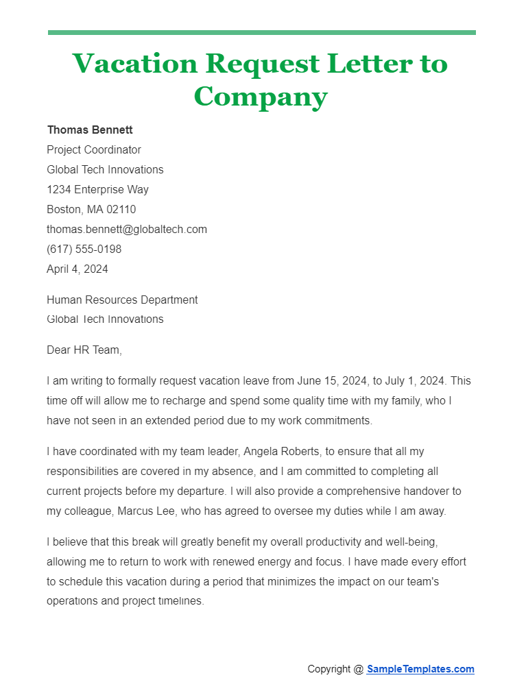 vacation request letter to company