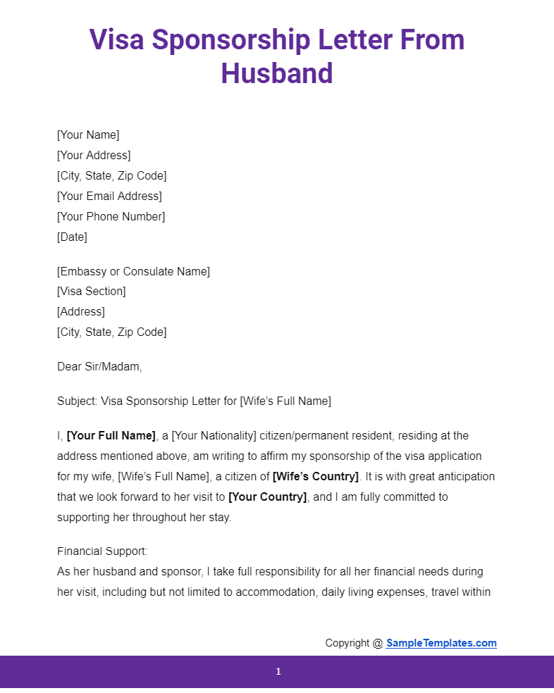 visa sponsorship letter from husband