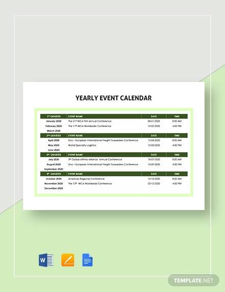 yearly event calendar template