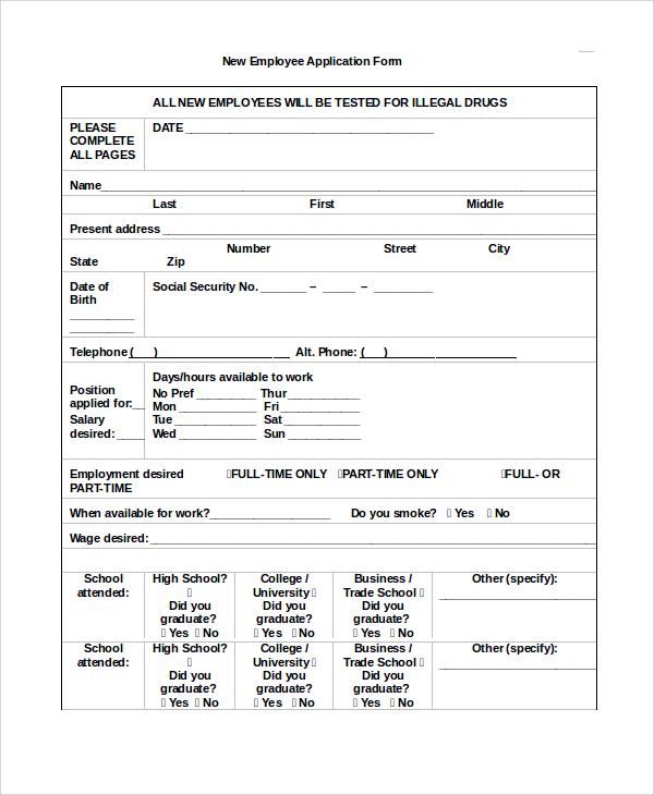 new employee application form