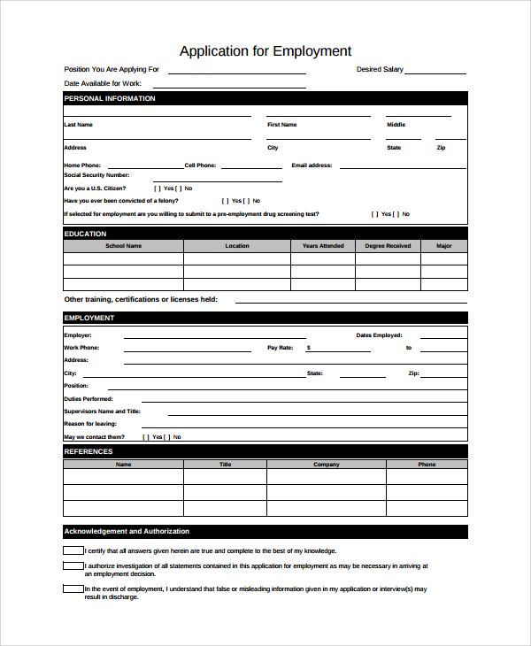 sample employee application form