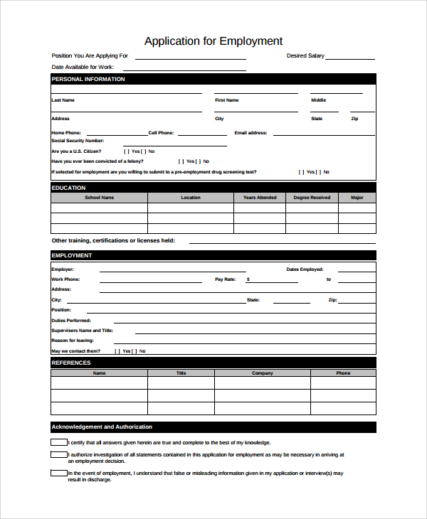 FREE 7+ Sample Employee Application Forms in MS Word PDF