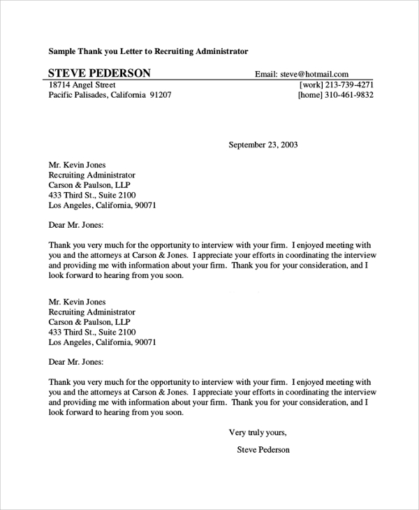 thank you letter to recruiting administrator