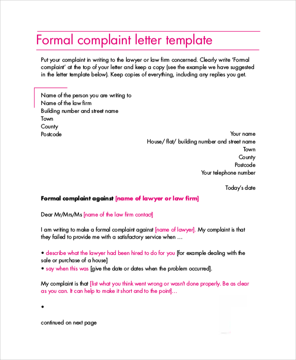 formal complaint letter
