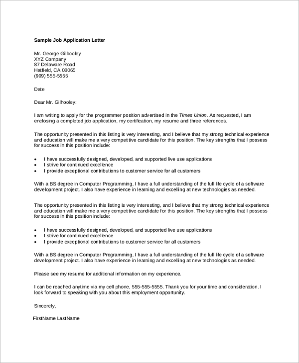 formal application letter for a job sample