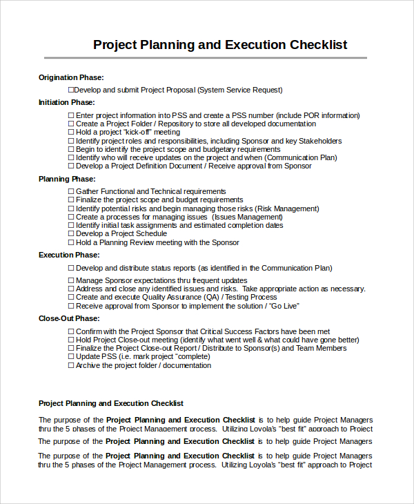 project planning and execution checklist