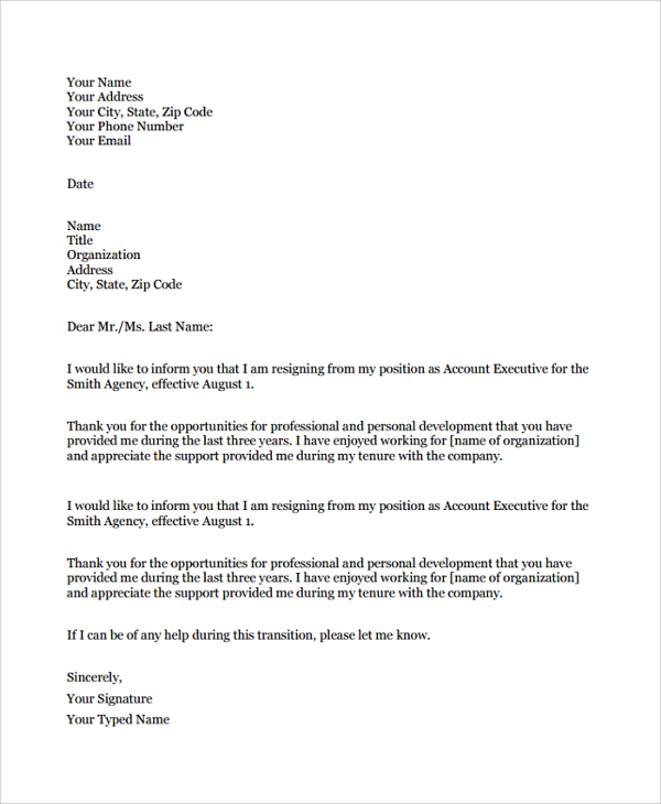 FREE 24+ Sample Resignation Letter Templates in PDF MS Word