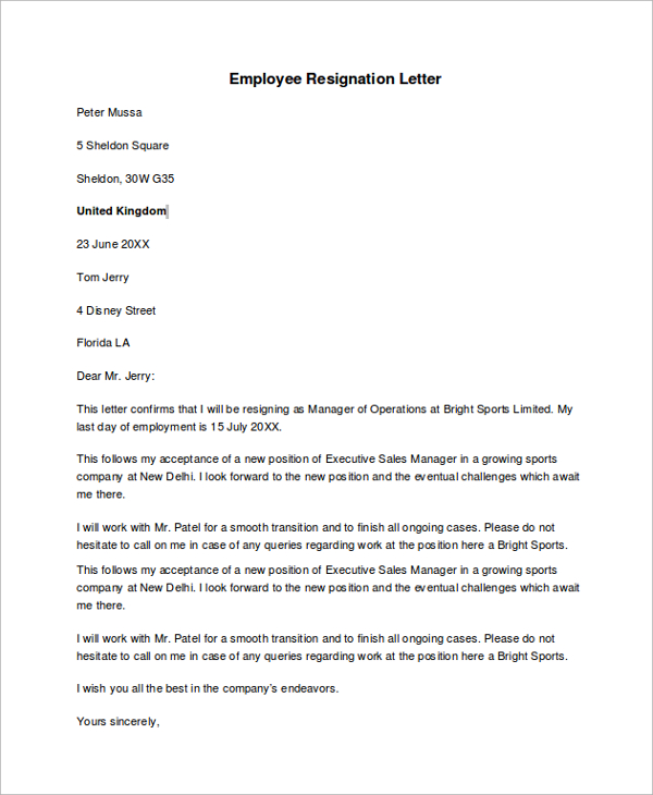 employee resignation letter