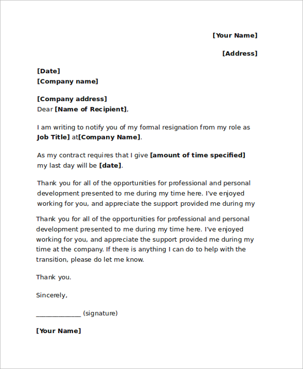 Free 18 Sample Resignation Letter Templates In Pdf Ms Word