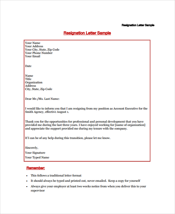 sample resignation letter