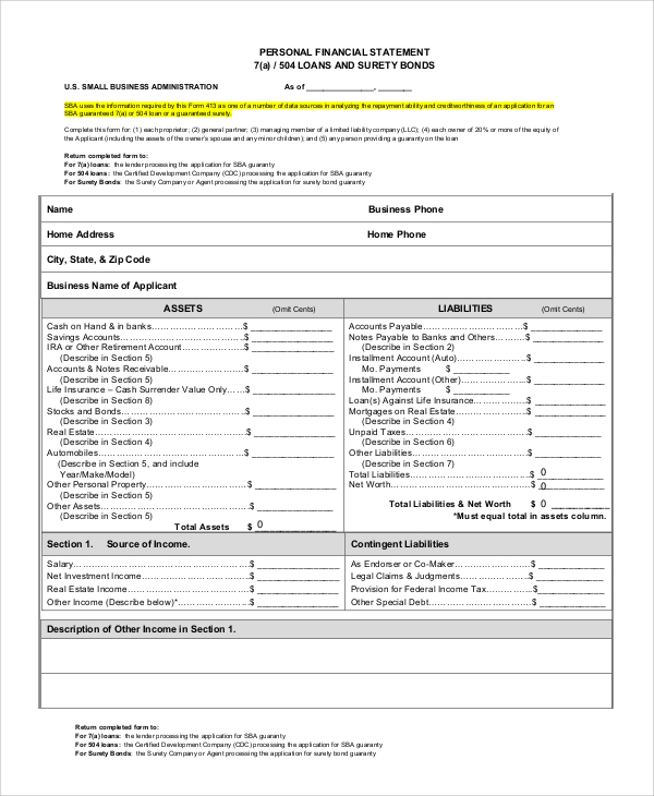 Personal financial statement online sba