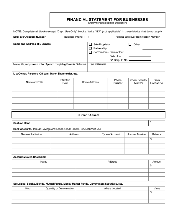 business financial statement sample