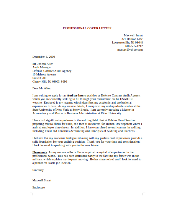 professional cover letter sample