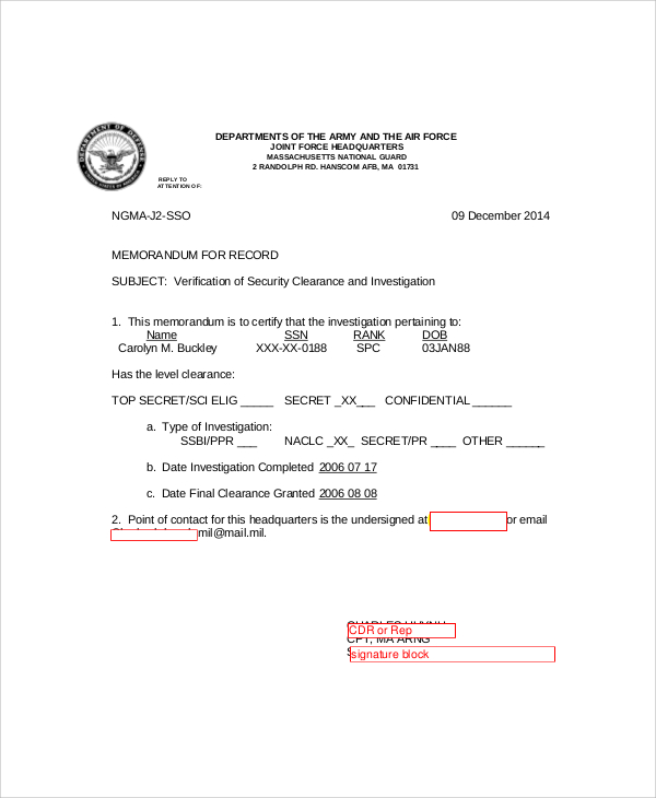 army security clearance memo