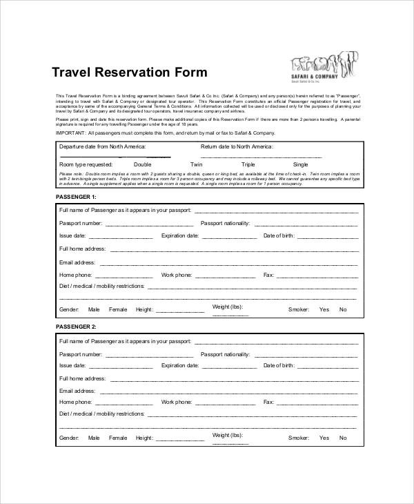 tour operator reservation form