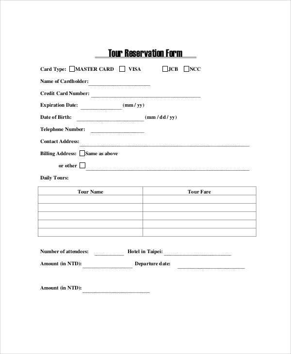 FREE 6+ Sample Tour Reservation Forms in PDF | MS Word