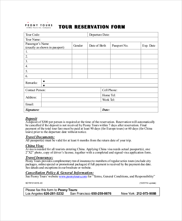 FREE 6+ Sample Tour Reservation Forms in PDF | MS Word