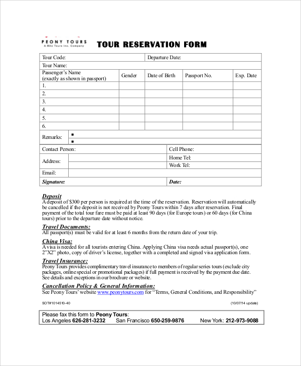 tour booking form