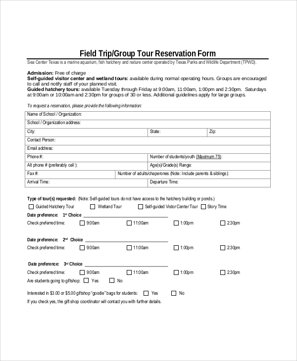 tour reservation form template