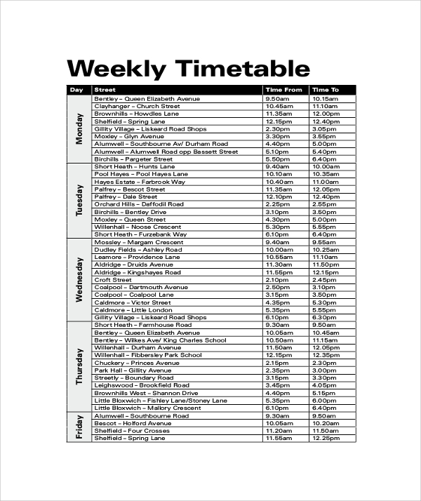 library weekly timetable