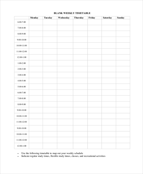 blank weekly timetable