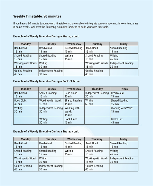 sample weekly timetable