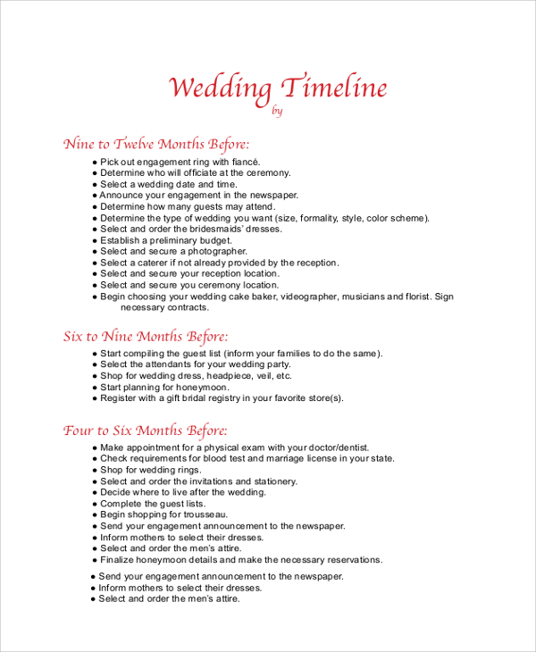 FREE 7 Sample Wedding Timeline Templates In PDF