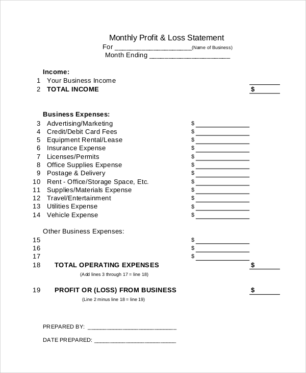 Monthly Profit And Loss Template PDF Template