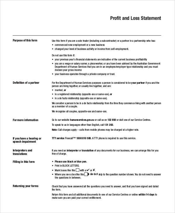 personal profit and loss statement