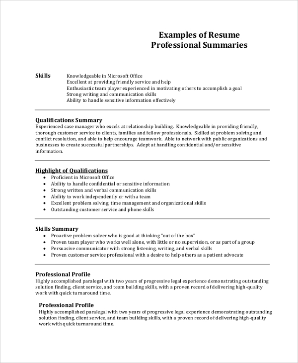 professional summary resume sample