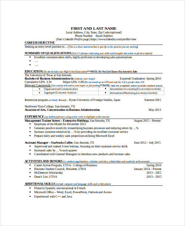 student professional resume sample