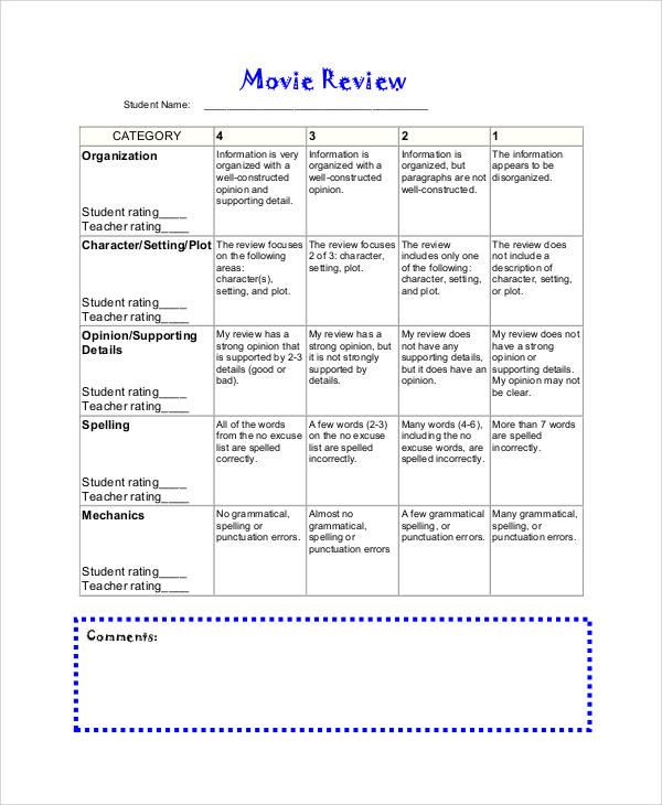 movie review sheet for students