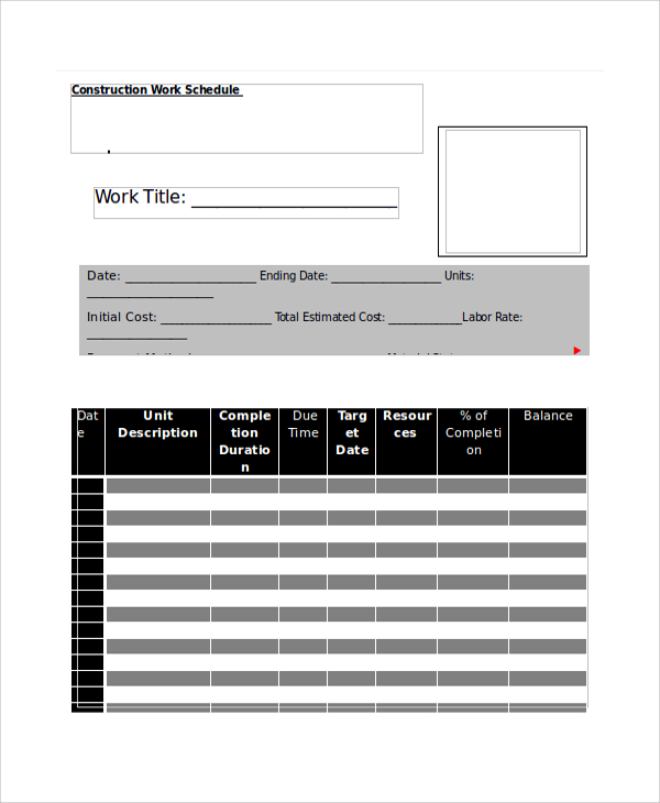 construction work schedule sample