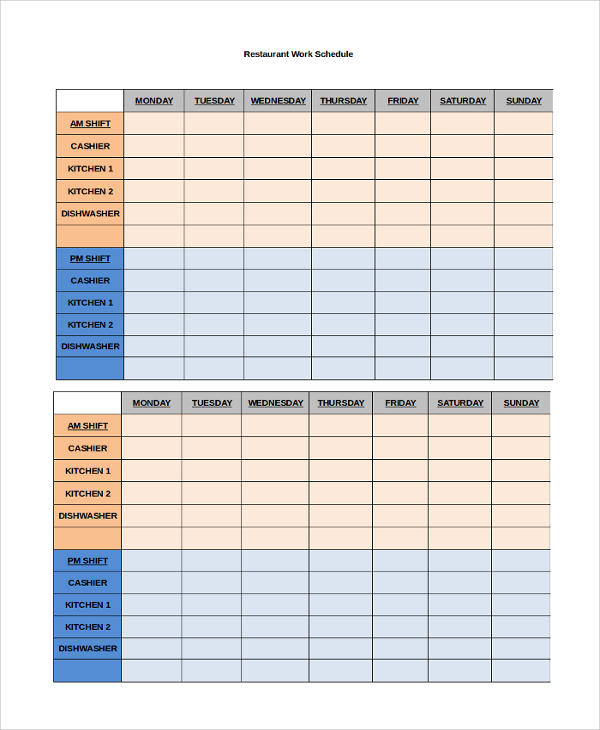 restaurant work schedule sample