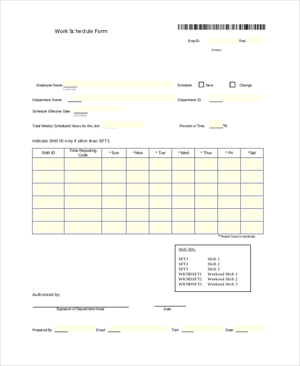work schedule form sample