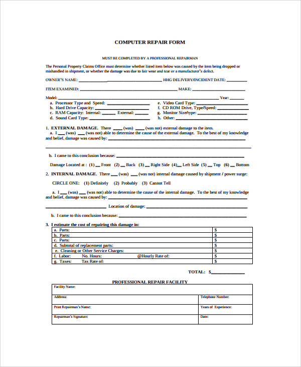 FREE 8+ Sample Repair Forms in PDF | MS Word