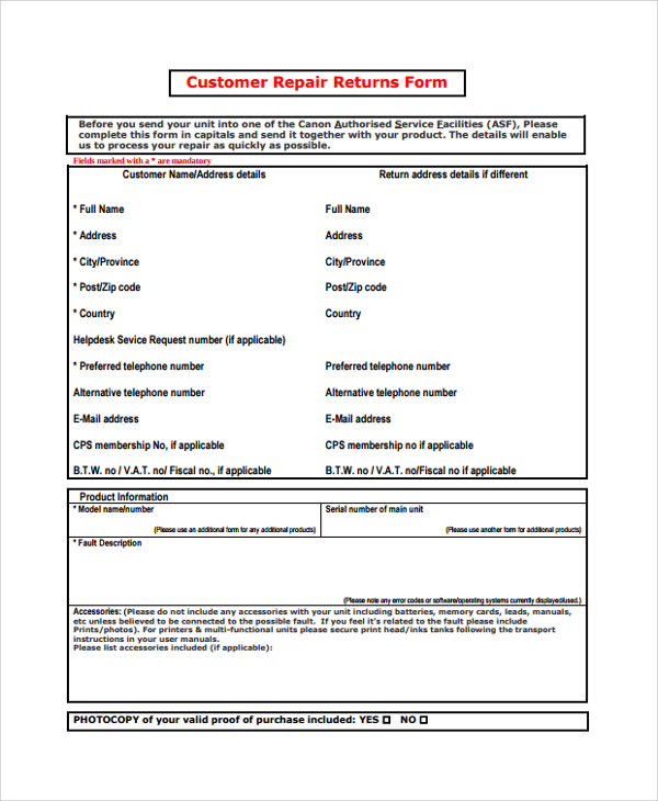 FREE 8+ Sample Repair Forms in PDF | MS Word