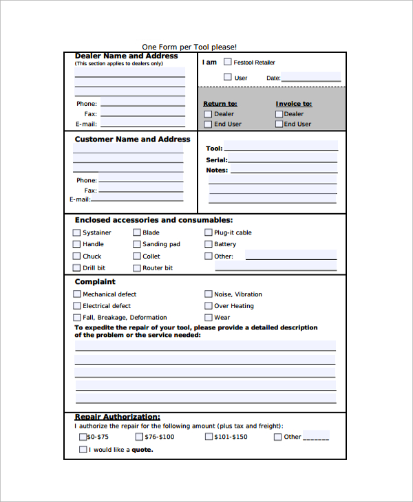 repair order form