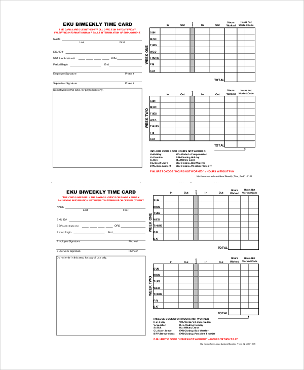 bi weekly time card template