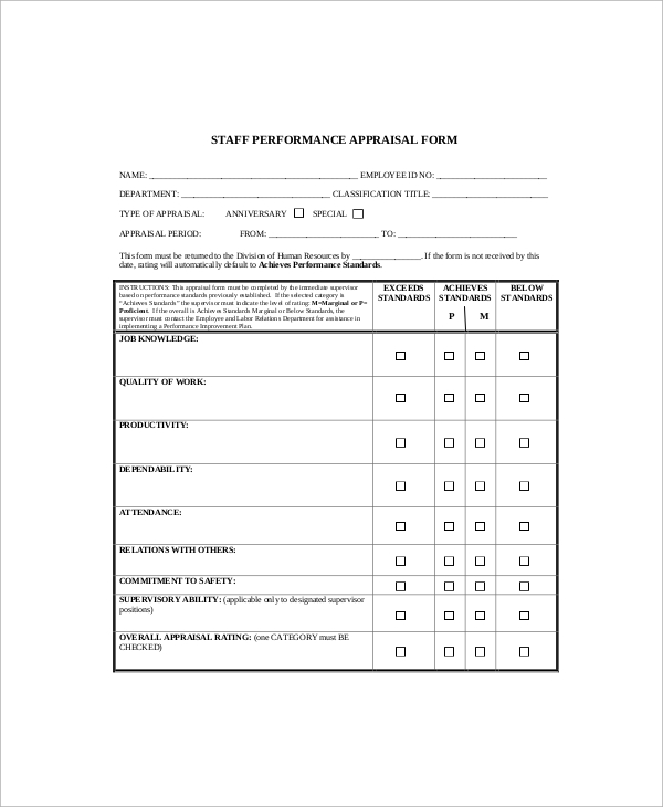 staff performance appraisal form 