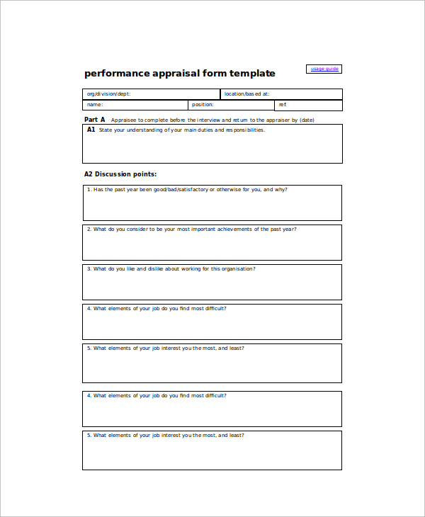 performance appraisal form template