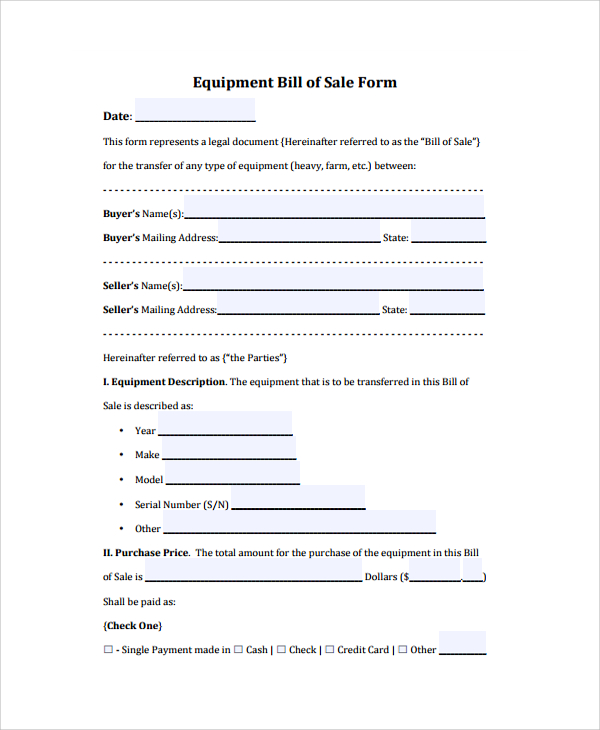 Bill Of Sale Equipment Template