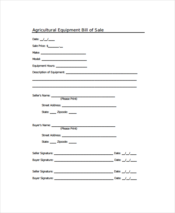 agricultural equipment bill of sale