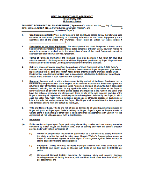 used equipment bill of sale agreement