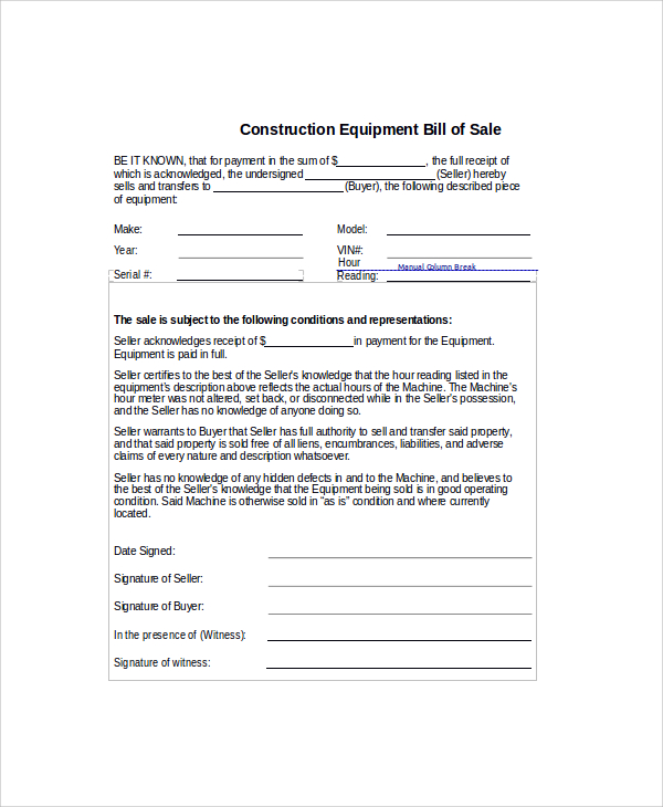 construction equipment bill of sale