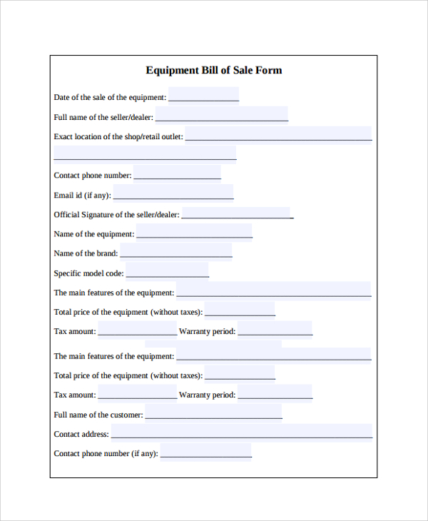 equipment bill of sale form
