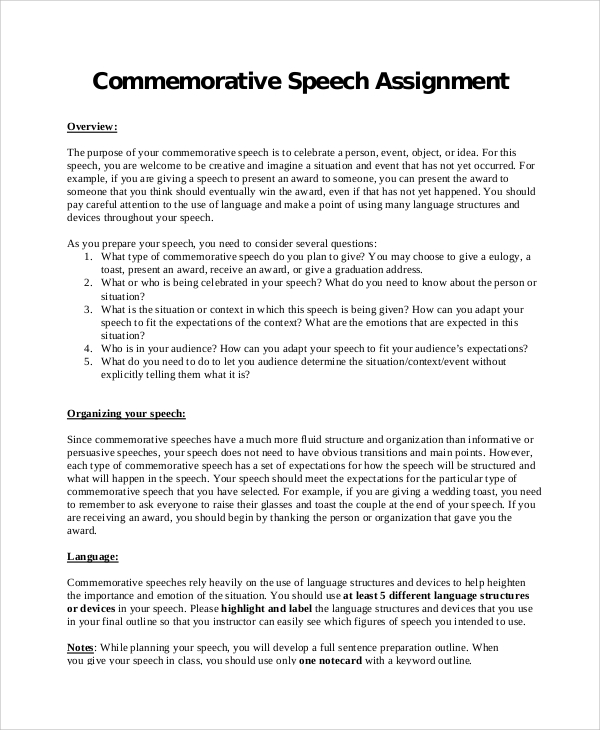 commemorative speech outline examples