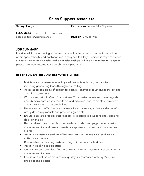 sales support associate job duties