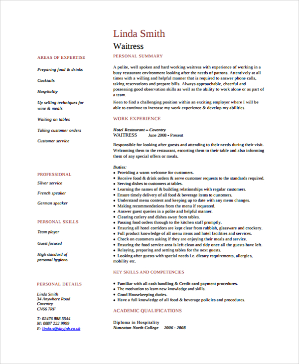 FREE 6 Waitress Resume Samples In PDF MS Word